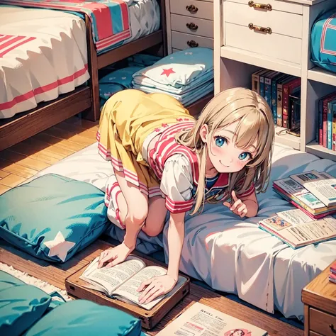 Cute high school girls, cute girls close-up, old American goods, cute room, nostalgic illustration, room with cute goods, colorful, vivid, antique American, smile and play, youth, pop room