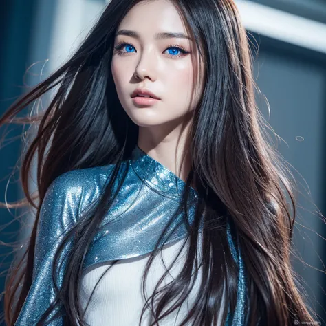 Asian Girl from South Korea, Long hair, blue eyes, rock style, Textured skin, UHD, very detailed, high quality, quality, Details altos, Detail, anatomically correct, masterpiece, high resolution, necessary, The best quality, Awarded many times, 