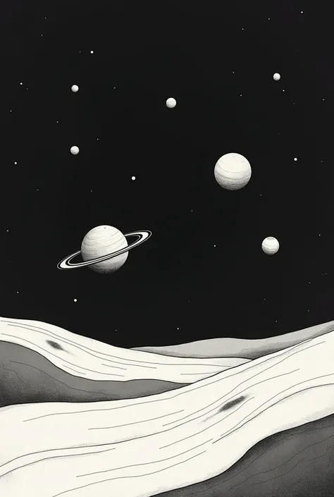 Line drawing of space and planets