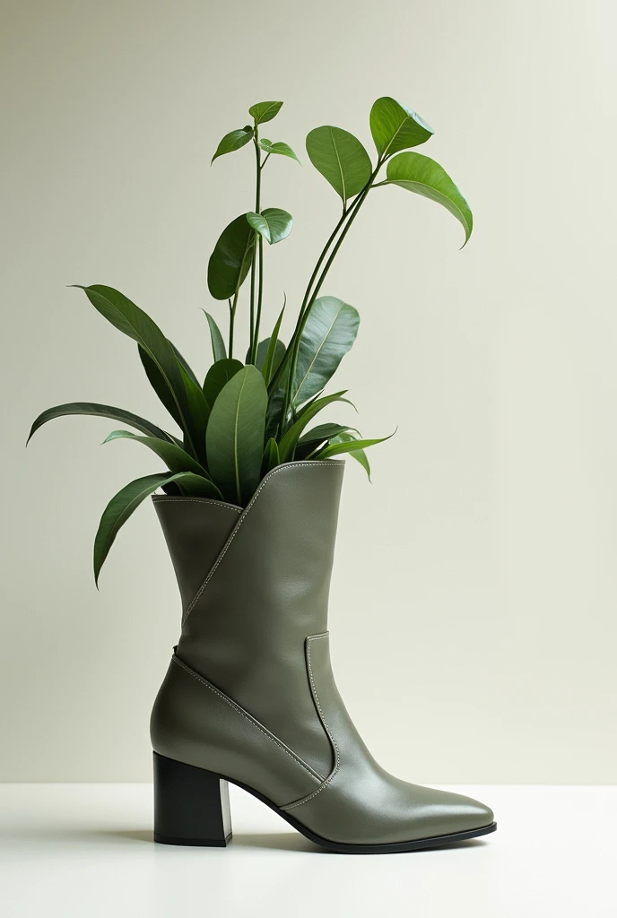 MAKE A MENS BOOT WITH A PLANT INSIDE INSPIRED BY ABSTRACT CUBISM, SOMETHING MINIMALIST WITH SIMPLE CHARACTERISTICS