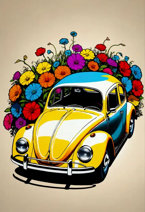 Old VW Beetle, frontalprofil, input>Pop-Art,  surrealistic representation, best quality, detailed representation, Masterpiece 