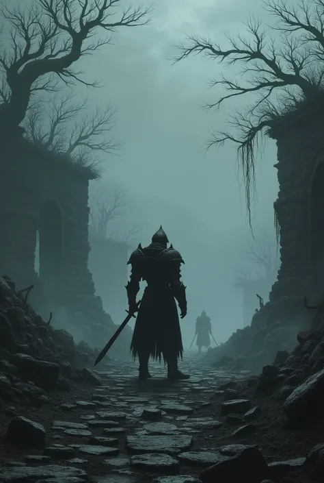 A landscape from the game dark souls. With a knight in the middle, wallpaper