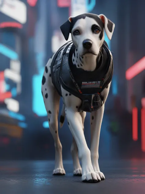 A cyberpunk Dalmatian dog in a futuristic setting, (best quality,4k,8k,highres,masterpiece:1.2),ultra-detailed,(realistic,photorealistic,photo-realistic:1.37),1dog,full body shot,dog focus,cyberpunk clothing,cyberpunk background,robot,science fiction,solo,...