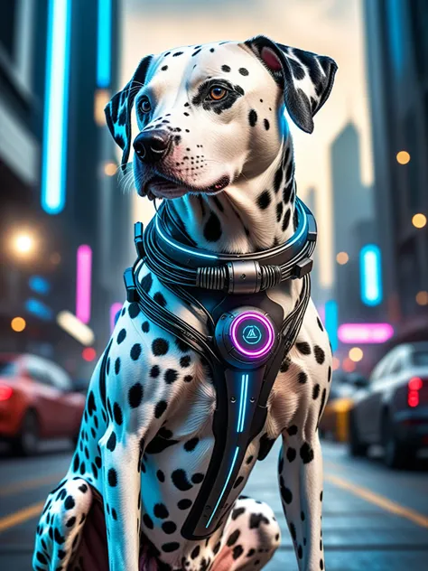 a cyberpunk dalmatian dog in the style of artgerm, cyberpunk dog, 1 dog, full body shot, cyberpunk clothing, dog focus, cyberpunk background, robot, science fiction, solo, full body, wires and cables, best quality, 4k, 8k, highres, masterpiece:1.2, ultra-d...