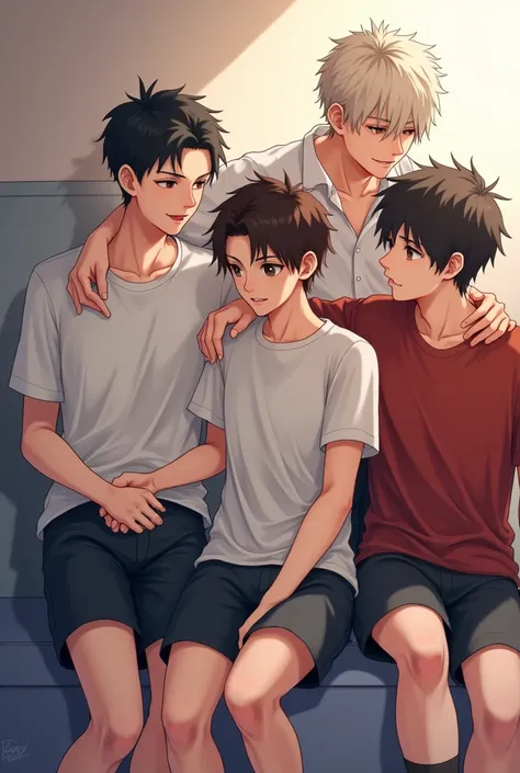 Four boys who goes but the name Ryuu, Kai, Hari, and Sora and two of them are dating and the four of them are 16-. There is only the four boys and no one else. Make it look a bit realistic 