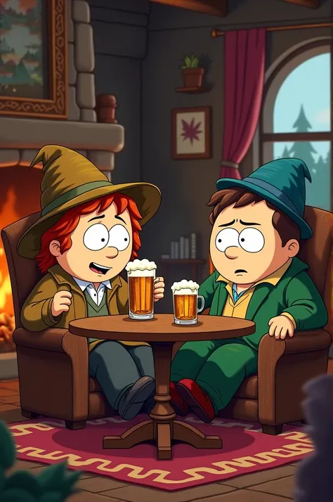 Bilbo Baggins drinking beer with Cartman from South Park 