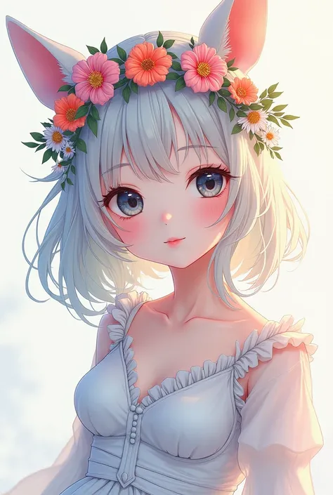 8k, AI, high quality,animated movie ,Cyberpunk ,Beautiful , 하얀 풍성한 곱슬 긴머리 의 girl , 미girl ,cute 여자,cute,cute girl,cute,girl ,light black eyes, White Goddess Clothing Style , Wearing a colorful pastel-colored wreath on her head , I&#39;m writing,Pastel color...