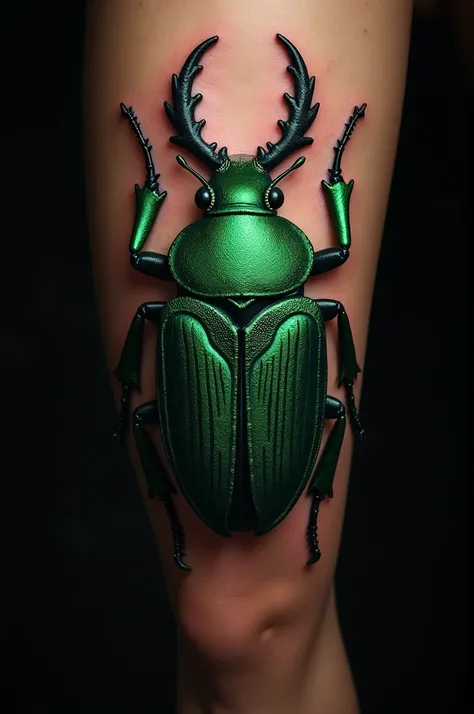 tattoo of a green beetle with tight wings above the knee and the background of black skin