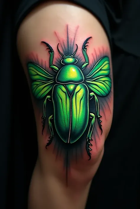 tattoo of a green beetle with open wings on top of the knee and black skin background