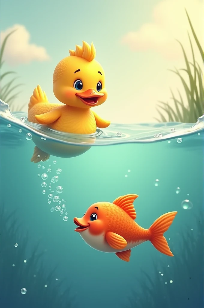 Ducky and Finny became the best of friends. Every day, they would swim together. Ducky floated on top, while Finny swam below, making bubbles.
