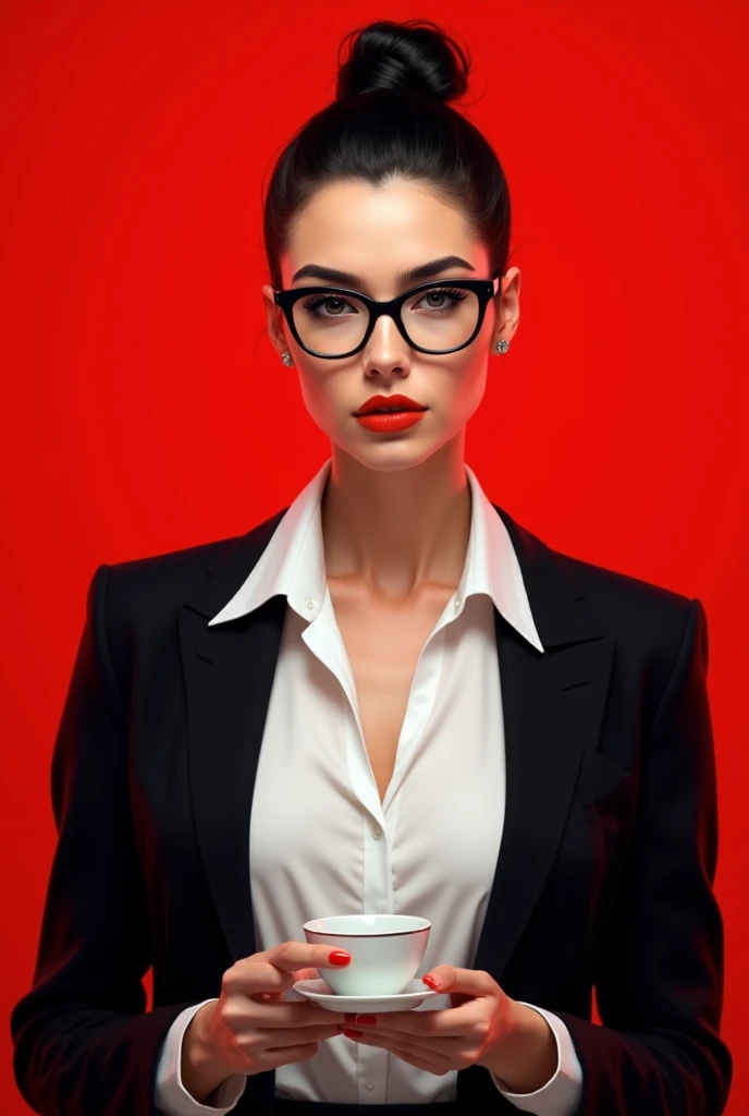 Create a beautiful elegant modern woman with serious facial expressions, black hair bun and wearing glasses and v neck white shirt with black coat holding coffee and bright red background 