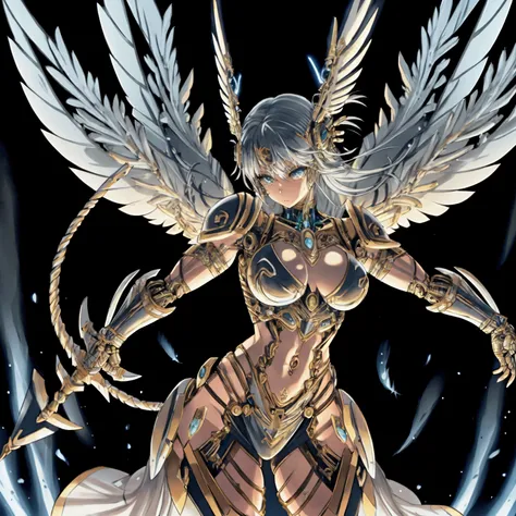 Cyborg Valkyrie, Female, large angel wings, wire rib cage, fighting with a spear, wild hairstyle, fantasy background, well-toned abs, muscular, full body, 