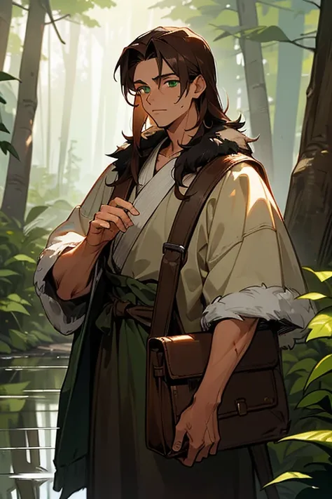 Eric is a young man of average height., with tanned skin and discreet scars, intense green eyes and long dark brown hair. Lives in the forest, wearing rustic clothes made of fur and natural fabrics. He carries a bag with magical tools and artifacts., refle...