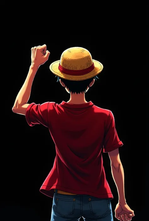 Make me one piece anime luffy from behind with his fist up on a black background with full body 
