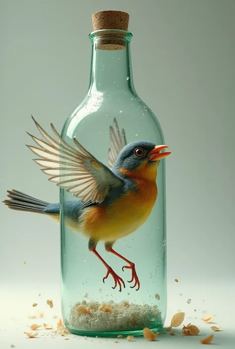 Bird fluttering wings inside the bottle to escape from bottle
