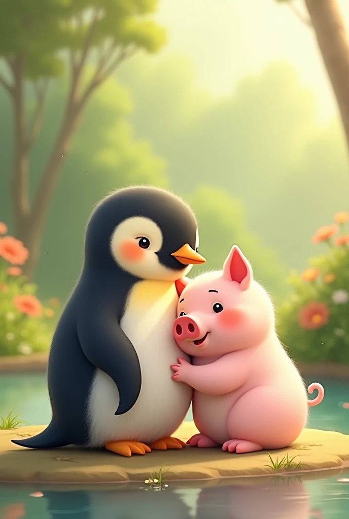 Image of a cute penguin and a pig in love