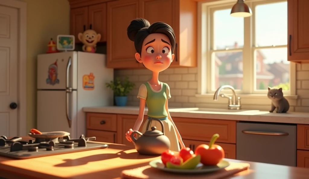 Their mother, standing in the kitchen, looks frustrated as the whistle sound echoes through the house.3d animation, disney inspired