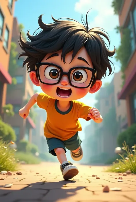 cartoon character,  with bangs without covering the entire forehead, with square glasses and running with baby hair