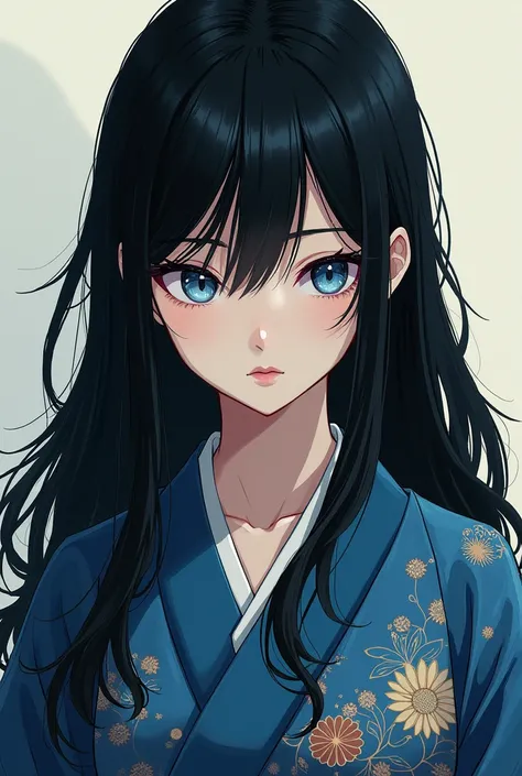 A girl with a long black hair.with a dark blue eyes. wearing kimono.make her face like anime jujutsu kaisen 