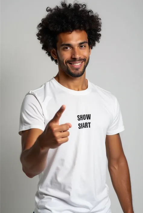 A Brazilian, at , like curly hair, black with a white shirt written show smart personalized with figure. he is standing pointing his finger to the right 