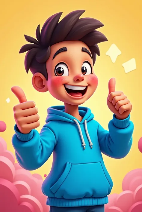  with a blue cartoon style sweatshirt making a thumbs up with his hand, moreno