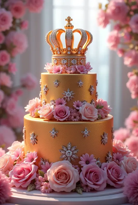 Two-tier birthday cake with a crown and diamonds.  in gold color with a background of pink and lilac flowers




