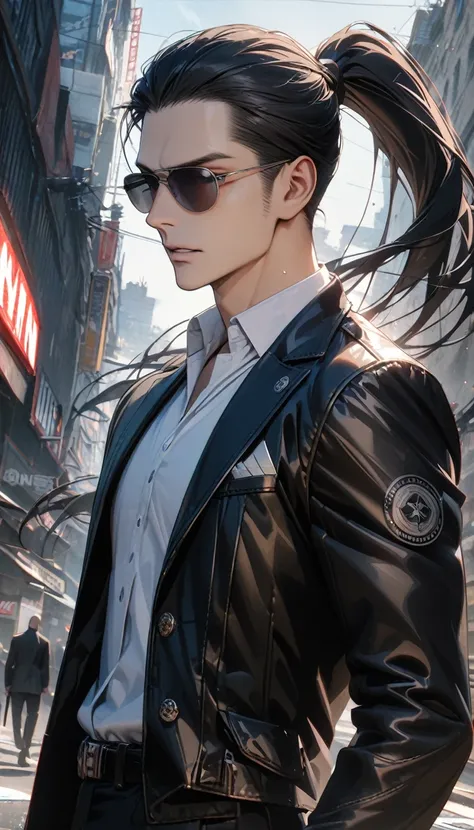 adult guy, male, long black hair, high ponytail, blue eyes, sunglasses, black killer jacket, black trousers, white shirt, Hitman, Masterpiece, best quality, Full HD, 8k, ultra details, great graphic