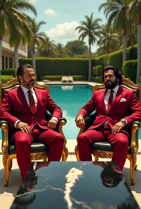 Luís Inácio Lula da Silva and Che Guevara wearing a red burgundy suits sitting on golden thrones white cokaine at a black marble table at a miami pool mansion, afternoon background