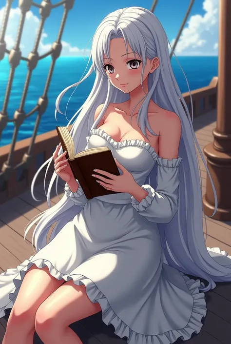 One piece screencap of  a beautiful girl reading a book with (her hair color is white), (He has two colored eyes, the left is brown, the right is gray), dan (she has fair skin tone, hourglass body shape), the view is there (ship deck) he wears European clo...