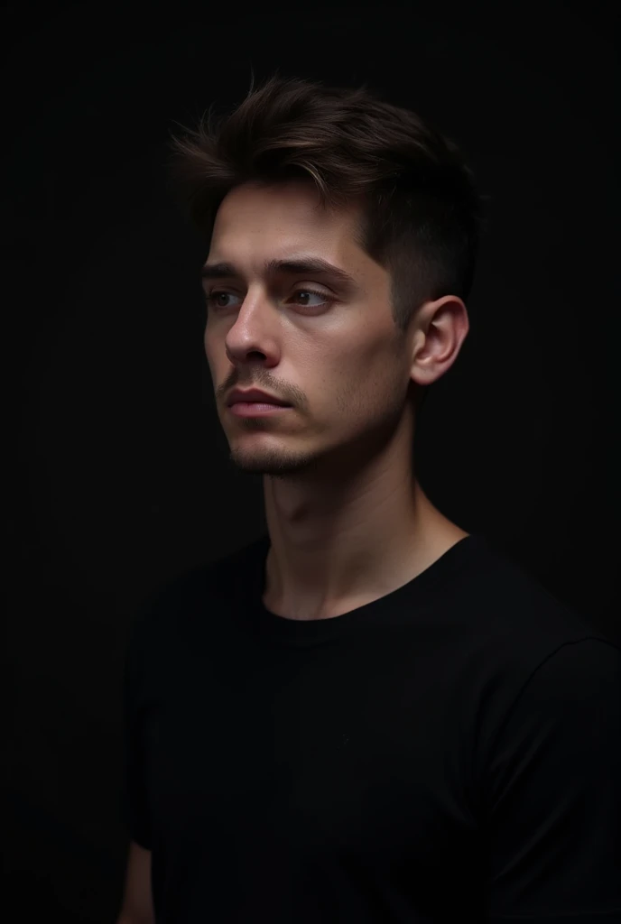 Side view of a young man with no beard in a black t-shirt
