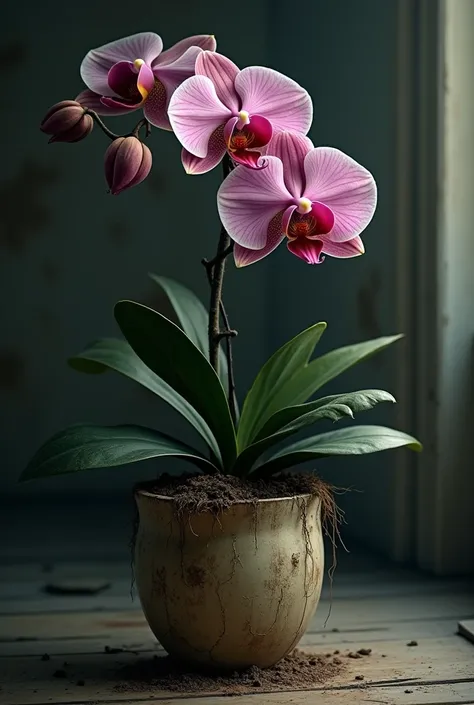 "A neglected orchid, far from its former glory, sits in a forgotten corner. Its once graceful stems are now drooping, and the few remaining flowers are shriveled and lifeless, their petals dull and faded. The leaves are dark, with spots of yellow, brittle ...