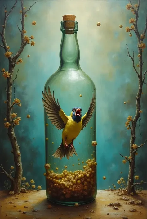 Bird cries for help who is stuck in the bottles neck surrealism painting 