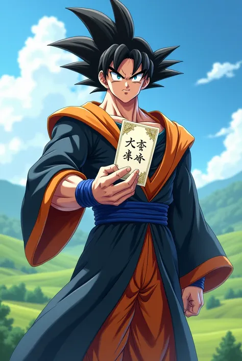 Put Goku with a graduation invitation in his hand and with the graduation gown