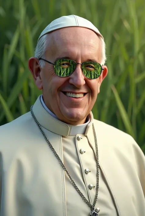 "Create a realistic image of a 40 years young pope in traditional papal attire, including a white cassock, white dress with smile and grass on eye e