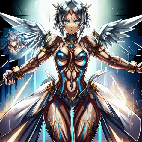 cyborg valkyrie, female, large angel wings, made of metal, ((fighting with a spear)), wild hairstyle, fantasy village background...