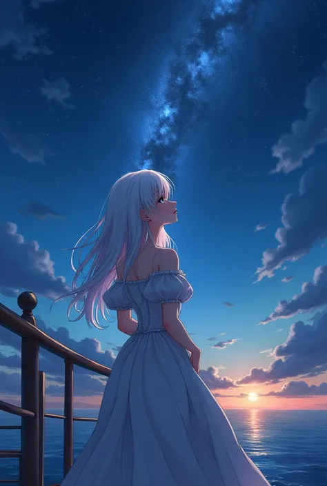 One piece screencap of  a beautiful girls who was looking at the night sky (her hair color is white), (He has two colored eyes, the left is brown, the right is gray), dan (she has fair skin tone, hourglass body shape), the view is there (ship deck) he wear...