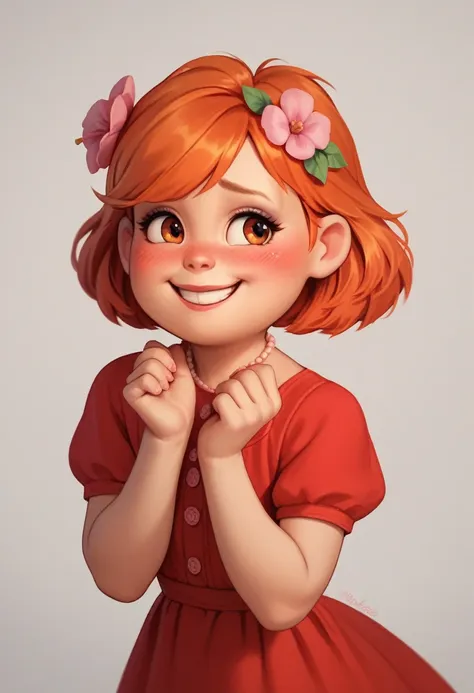 meilinlee, pink flower on hair, orange hair, red dress, makeup, shy smile, blush