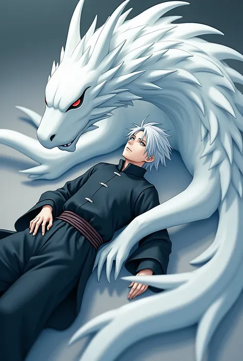 Make a young man with white hair who is from the Uchiha clan, but I want him to be on his back and around his body, Susanoo&#39;s ribs are white in color with silvery gray nuances