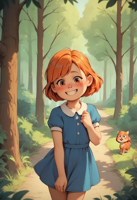 meilinlee, orange hair, blue dress, smile, blush, outdoors, forest