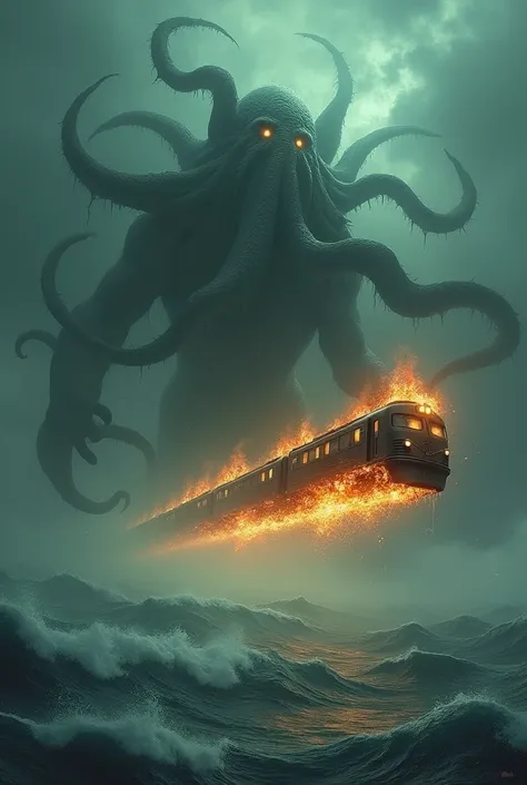 Cthulhu conduit  un train en flamme au dessus de la mer

