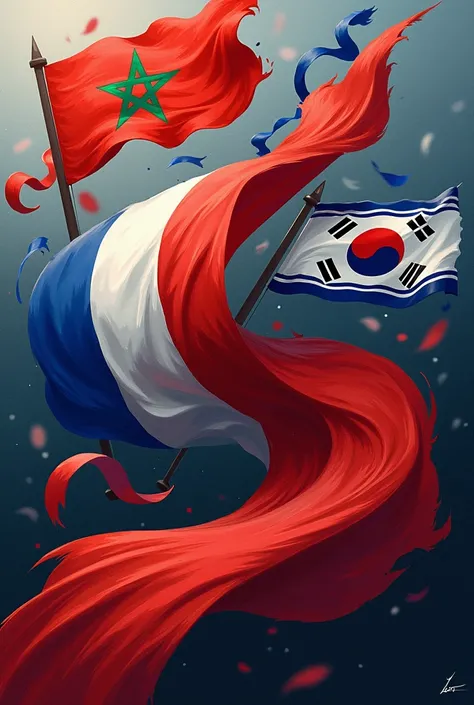 Flags mixed France Morocco South Korea North Korea