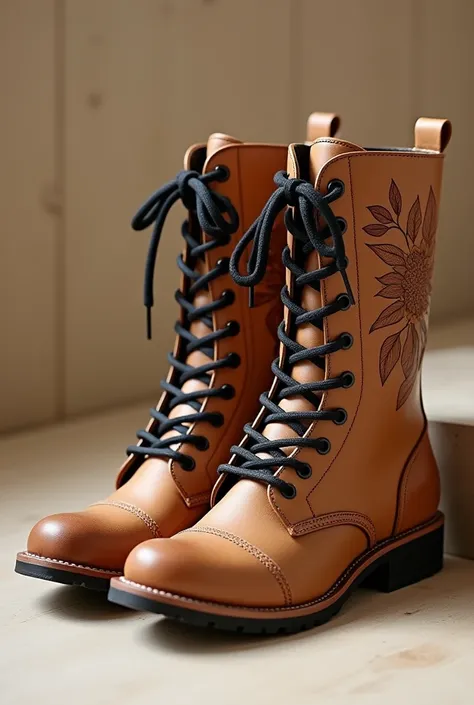 Some light brown notes with black laces, that the boots have a flower design.