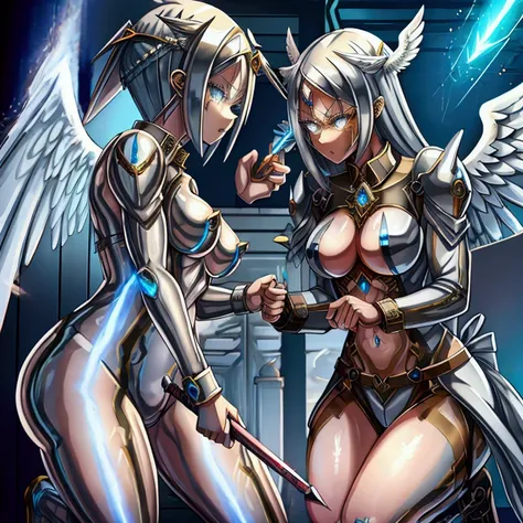 cyborg valkyrie, female, ((large angel wings)), metal skin, ((fighting with a spear)), ((wild hairstyle)), fantasy sky backgroun...