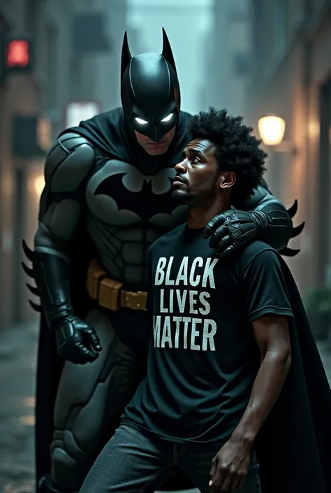 white eyed arkham city Batman wearing greyband black suit stabbing with a small katana in the neck of a cowardly and passively afraid afro haired Black Afro american thug wearing a black lives matter black shirt at a street alley, night time