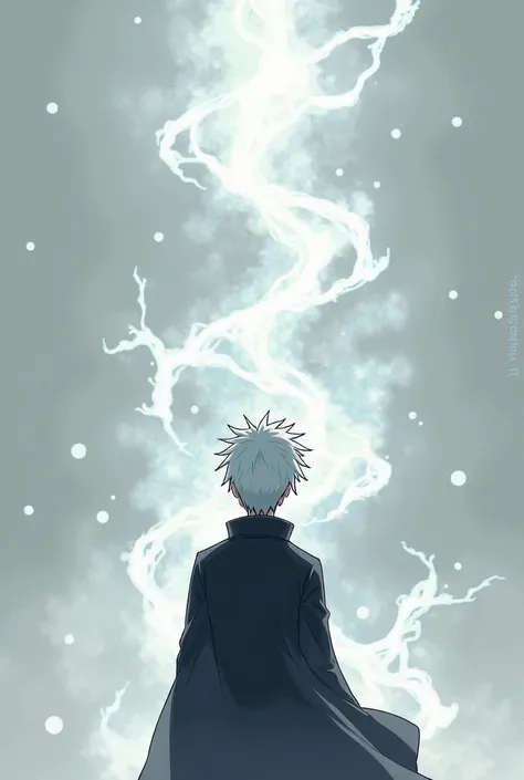 Draw a young man with short white hair who is from the Uchiha clan., but I want him standing and facing away, then around his body the ribs of his Susanoo with white colors with nuances of silvery gray.