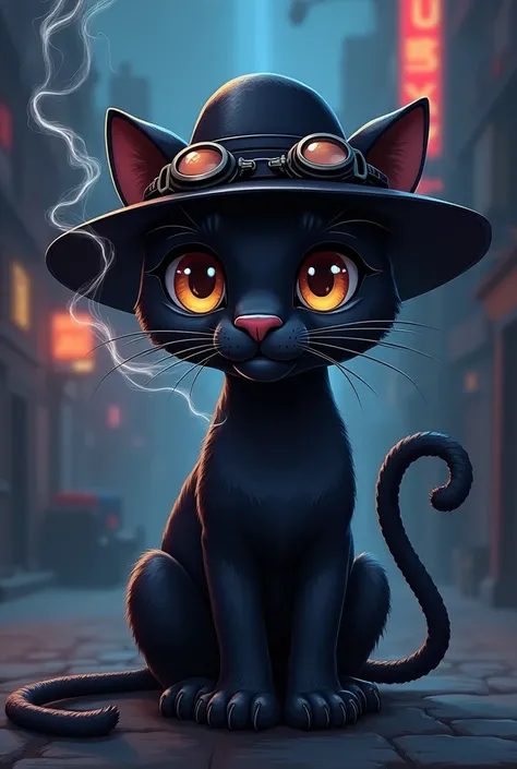 Anime style cute black panther with black hat  wearing dark goggles and smoking hookah