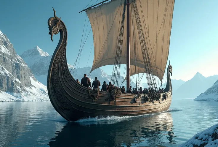 Large Viking ship sailing from the green lands of Norway into the North Sea; the ship has Viking motifs engraved on the structure of the ship; dragons engraved in wood at the ends of the ship; several Vikings performing their duties inside the ship; master...