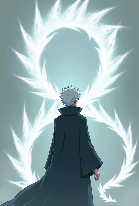 Draw a young man with short white hair who is from the Uchiha clan., but I want him standing and facing away, then around his body the ribs of his Susanoo with white colors with nuances of silvery gray.