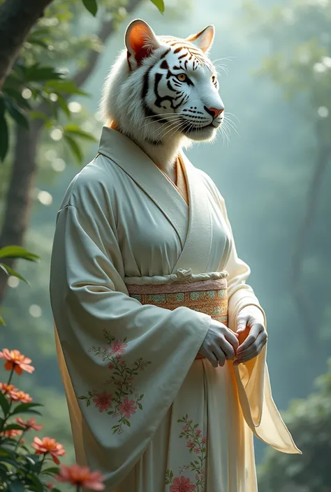 A white bengal tiger woman in a kimono
