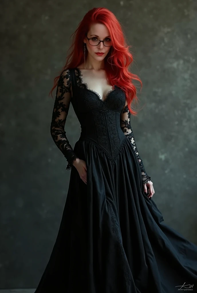 A with red hair ans black glasses. Elegant with black gothic dress 